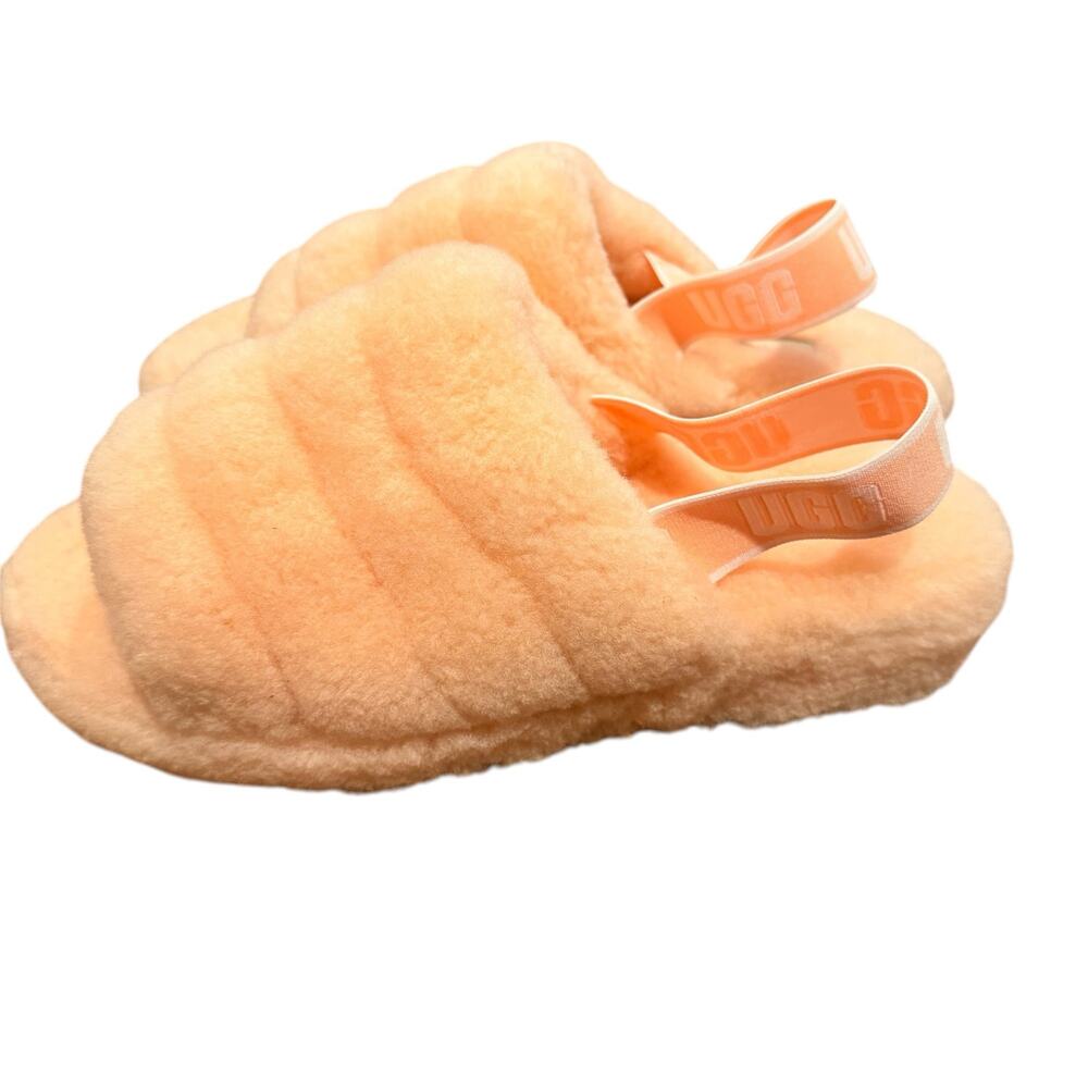 UGG Women's Fluff Yeah Fur Slide Slipper Peach with elastic logo strap Size 11